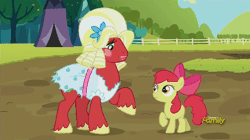 Size: 568x318 | Tagged: safe, derpibooru import, screencap, apple bloom, big macintosh, earth pony, pony, brotherhooves social, animated, animation error, caught, clothing damage, crossdressing, discovery family, discovery family logo, floppy ears, frown, male, orchard blossom, raised hoof, smiling, stallion, uh oh, wardrobe malfunction, wide eyes