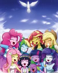 Size: 1102x1370 | Tagged: safe, artist:the-butch-x, derpibooru import, applejack, fluttershy, pinkie pie, rainbow dash, rarity, spike, sunset shimmer, twilight sparkle, oc, oc:cassey, dog, dove, equestria girls, clothes, cowboy hat, cute, eyes closed, grin, happy, hat, heaven, holy spirit, humane seven, humane six, jacket, leather jacket, open mouth, skirt, smiling, spike the dog, stetson