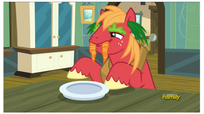 Size: 1121x626 | Tagged: safe, derpibooru import, screencap, big macintosh, earth pony, pony, walrus, brotherhooves social, carrot, farm, lettuce, male, silly, solo, stallion