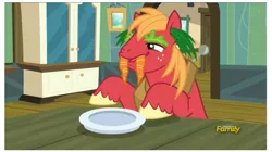 Size: 1121x626 | Tagged: safe, derpibooru import, screencap, big macintosh, earth pony, pony, walrus, brotherhooves social, carrot, farm, lettuce, male, silly, solo, stallion