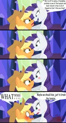 Size: 1817x3350 | Tagged: safe, artist:killkatt, derpibooru import, applejack, rarity, made in manehattan, blushing, comic, female, hug, implied rarijack, lesbian, nose wrinkle, rarijack, rarisnap, scrunchy face, shipping, surprised, the simpsons, the simpsons movie, ust, wide eyes