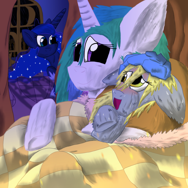 Size: 1024x1024 | Tagged: safe, artist:firefanatic, derpibooru import, derpy hooves, princess celestia, princess luna, pegasus, pony, bed, cuddling, female, fever, fluffy, ice pack, mare, snuggling