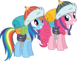Size: 12097x9544 | Tagged: safe, artist:gen-ma, derpibooru import, pinkie pie, rainbow dash, earth pony, pegasus, pony, the lost treasure of griffonstone, .svg available, absurd resolution, bags, duo, equipment, female, hat, looking at each other, mare, mongolian shepherd hat, simple background, smiling, transparent background, vector