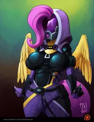 Size: 791x1024 | Tagged: safe, artist:zwitterkitsune, derpibooru import, fluttershy, anthro, quarian, comic:eezo is magic, breasts, busty fluttershy, clothes, costume, crossover, eezo is magic, face not visible, female, image, mass effect, my waifus have fused, patreon, png, solo, spread wings, tali'zorah vas normandy