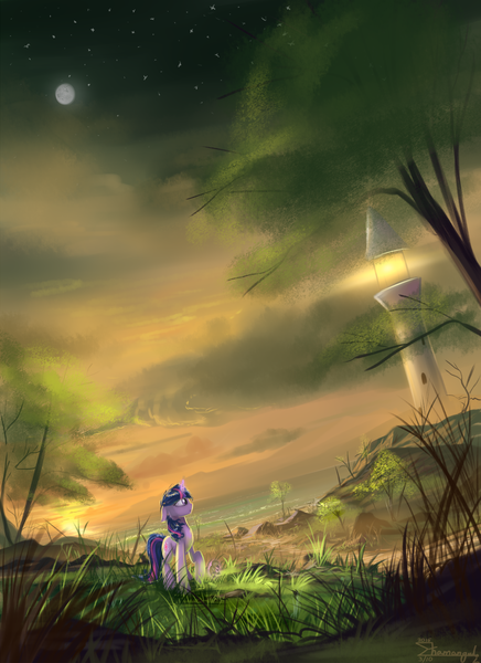 Size: 1600x2200 | Tagged: dead source, safe, artist:shamanguli, derpibooru import, twilight sparkle, duck, unicorn, beach, dutch angle, lighthouse, scenery, solo, sunset, unicorn twilight