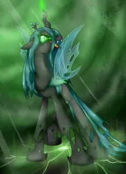 Size: 1700x2338 | Tagged: safe, artist:bloody-pink, derpibooru import, queen chrysalis, changeling, changeling queen, female, glowing eyes, glowing horn, solo