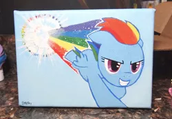 Size: 754x521 | Tagged: acrylic painting, artist:stripeybelly, derpibooru import, painting, rainbow dash, safe, solo, sonic rainboom, traditional art