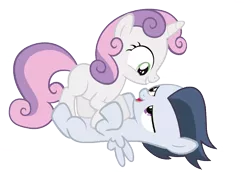 Size: 830x588 | Tagged: safe, artist:lunaticdawn, artist:sollace, derpibooru import, edit, rumble, sweetie belle, pony, bedroom eyes, cute, female, implied shipping, male, on back, out of context, pounce, rumbelle, shipping, simple background, straight, transparent background, vector