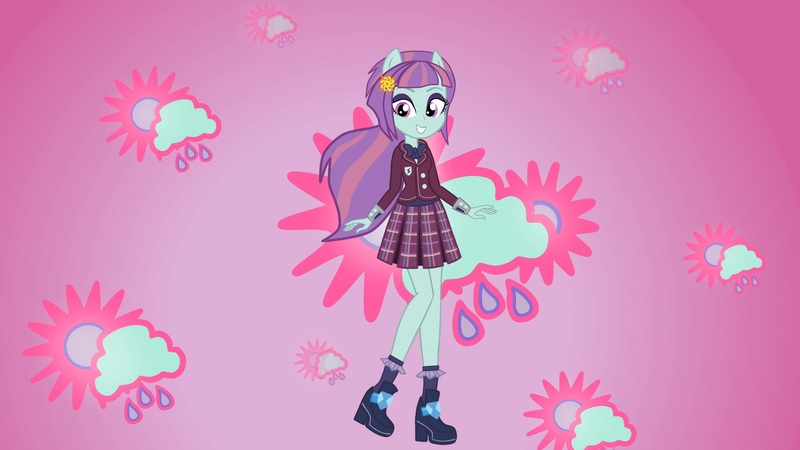 Size: 2048x1152 | Tagged: safe, artist:starblast33, derpibooru import, sunny flare, equestria girls, friendship games, animated in description, clothes, cute, grin, looking at you, ponied up, school uniform, skirt, smiling, solo, transformation, wallpaper