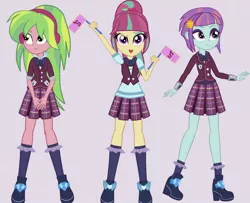 Size: 1418x1150 | Tagged: safe, artist:starblast33, derpibooru import, lemon zest, sour sweet, sunny flare, equestria girls, friendship games, clothes, cute, flag waving, headphones, looking at you, open mouth, school uniform, smiling, sourbetes