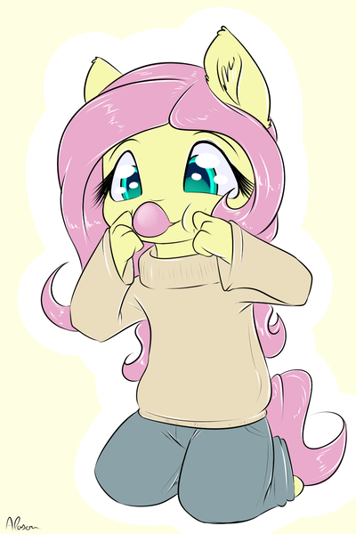 Size: 900x1350 | Tagged: anthro, artist:alasou, breasts, bubblegum, chibi, clothes, delicious flat chest, derpibooru import, flattershy, fluttershy, safe, solo, sweater, sweatershy