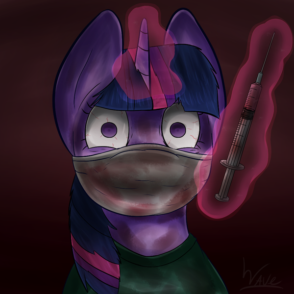 Size: 1000x1000 | Tagged: artist:wave-realm, blood, bloodshot eyes, derpibooru import, grimdark, magic, solo, surgeon, surgical mask, syringe, twilight sparkle