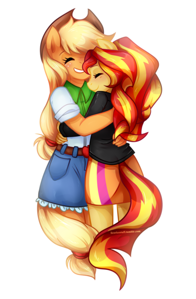 Size: 853x1298 | Tagged: dead source, safe, artist:licora, derpibooru import, applejack, sunset shimmer, anthro, equestria girls, appleshimmer, blushing, cute, eyes closed, female, heartwarming, hug, jackabetes, lesbian, shimmerbetes, shipping