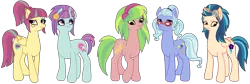 Size: 4396x1484 | Tagged: safe, artist:flamefyre1235, derpibooru import, indigo zap, lemon zest, sour sweet, sugarcoat, sunny flare, ponified, earth pony, pegasus, pony, unicorn, equestria girls, friendship games, crystal prep academy, crystal prep shadowbolts, equestria girls ponified, headcanon, shadow five, simple background, special talent