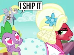 Size: 703x521 | Tagged: safe, derpibooru import, big macintosh, derpy hooves, spike, earth pony, pony, brotherhooves social, crossdressing, i ship it, implied gay, mail, mailbag, mailmare, mailpony, male, orchard blossom, shipper on deck, shipping, spikentosh, stallion