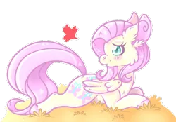 Size: 500x348 | Tagged: safe, artist:manticat, derpibooru import, fluttershy, pegasus, pony, autumn, blushing, cheek fluff, cute, ear fluff, female, leaf, mare, profile, prone, shyabetes, simple background, solo, transparent background, unshorn fetlocks