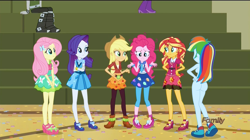 Size: 1920x1080 | Tagged: questionable, derpibooru import, edit, edited edit, edited screencap, editor:slayerbvc, screencap, applejack, fluttershy, pinkie pie, rainbow dash, rarity, sunset shimmer, equestria girls, friendship games, breasts, clothed female nude female, clothes, exhibitionism, female, humane six, nude edit, nudity, public nudity, rainbutt dash, shoes, shoes only, sideboob