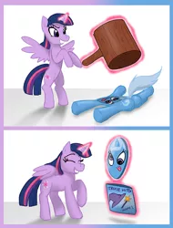 Size: 1000x1314 | Tagged: semi-grimdark, artist:redflare500, derpibooru import, trixie, twilight sparkle, twilight sparkle (alicorn), alicorn, pony, unicorn, cartoon physics, comic, derp, disc, female, flattened, hammer, inanimate tf, joke, magic, mare, objectification, plot, pun, record, tongue out, transformation, trixiebuse