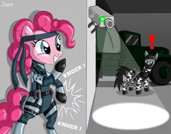 Size: 1024x807 | Tagged: artist:jrenon, camera, clothes, crossover, derpibooru import, distraction, exclamation point, famas, genome soldier, knocking, konami, metal gear, metal gear solid, pinkie pie, safe, solid snake, suit, truck