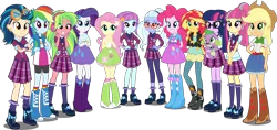 Size: 5500x2588 | Tagged: safe, artist:xebck, derpibooru import, applejack, fluttershy, indigo zap, lemon zest, pinkie pie, rainbow dash, rarity, sci-twi, sour sweet, spike, spike the regular dog, sugarcoat, sunny flare, sunset shimmer, twilight sparkle, dog, equestria girls, friendship games, absurd resolution, alternate hairstyle, applejack's hat, balloon, barrette, baubles, belt, boots, bracelet, canterlot high, cardigan, clothes, collar, compression shorts, cowboy boots, cowboy hat, crossed arms, crystal prep academy, crystal prep academy uniform, crystal prep shadowbolts, denim skirt, ear piercing, earring, eyeshadow, female, freckles, glasses, goggles, group, hairclip, hairpin, hand on hip, hand on waist, hands behind back, hands on waist, hat, headphones, high heel boots, humane eight, humane five, humane seven, humane six, jacket, jeans, jewelry, leather jacket, leggings, loose hair, makeup, mane six, necktie, pants, piercing, pigtails, plaid skirt, ponytail, raised leg, rolled up sleeves, school uniform, shadow five, shadow six, shirt, simple background, skirt, smiling, socks, standing, stetson, sweatband, tanktop, transparent background, twintails, uniform, vector, vest, wondercolts, wristband