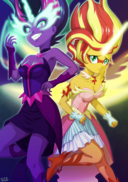 Size: 842x1200 | Tagged: safe, artist:uotapo, derpibooru import, sci-twi, sunset shimmer, twilight sparkle, equestria girls, friendship games, armpits, artificial wings, augmented, cleavage, clothes, daydream shimmer, dress, duo, female, fingerless gloves, gloves, grin, high heels, horn, looking at you, magic, magic wings, midnight sparkle, signature, skirt, sleeveless, strapless, teeth, wings
