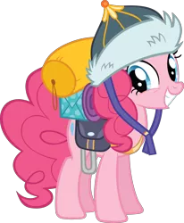 Size: 9783x11884 | Tagged: absurd resolution, artist:gen-ma, bags, derpibooru import, equipment, hat, mongolian shepherd hat, offscreen character, pinkie pie, safe, simple background, smiling, solo, .svg available, the lost treasure of griffonstone, transparent background, vector