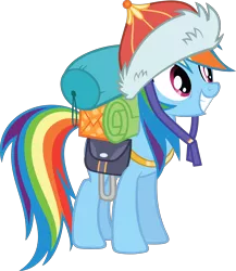 Size: 11154x12866 | Tagged: absurd resolution, artist:gen-ma, bags, derpibooru import, equipment, hat, mongolian shepherd hat, offscreen character, rainbow dash, safe, simple background, smiling, solo, .svg available, the lost treasure of griffonstone, transparent background, vector