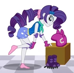 Size: 1273x1254 | Tagged: safe, artist:sumin6301, derpibooru import, rarity, equestria girls, friendship games, canterlot high, clothes, fingerless gloves, gloves, helmet, looking back, pads, roller skates, skating grace, socks, solo, sporty style, wondercolts