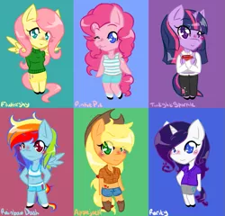 Size: 783x751 | Tagged: anthro, applejack, artist:fiji-firefox, belly button, blushing, chibi, chibi pony, clothes, derpibooru import, fluttershy, mane six, midriff, pinkie pie, rainbow dash, rarity, safe, short shirt, skirt, sports bra, tanktop, twilight sparkle