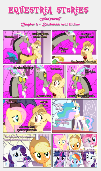 Size: 1919x3245 | Tagged: applejack, artist:estories, comic, comic:find yourself, derpibooru import, discord, fluttershy, mane six, oc, oc:alice goldenfeather, pinkie pie, princess celestia, rainbow dash, rarity, safe, twilight sparkle