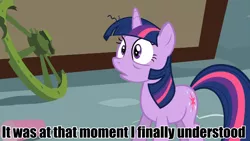 Size: 960x540 | Tagged: derpibooru import, edit, edited screencap, image macro, meme, realization, safe, screencap, solo, sudden realization, swarm of the century, twilight sparkle