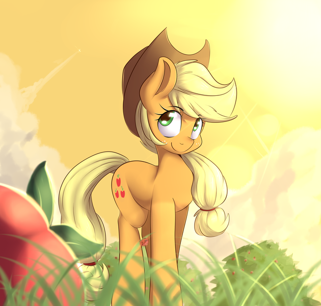 Size: 1280x1220 | Tagged: safe, artist:sourspot, derpibooru import, applejack, earth pony, ladybug, pony, apple, apple tree, cowboy hat, cute, female, grass, hat, jackabetes, lens flare, looking at you, mare, smiling, solo, stetson, sunrise, tree