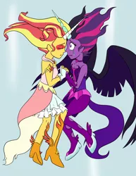 Size: 1946x2519 | Tagged: safe, artist:catlover1672, derpibooru import, sci-twi, sunset shimmer, twilight sparkle, equestria girls, friendship games, crying, daydream shimmer, eyes closed, holding hands, horn, horns are touching, midnight sparkle, scene interpretation