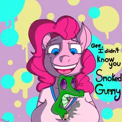 Size: 2000x2000 | Tagged: alligator, anthro, artist:tehboxpony, big breasts, boob smothering, breasts, breast squeeze, busty pinkie pie, cigarette, cleavage, clothes, derpibooru import, female, gummy, huge breasts, pinkie pie, shirt, smoke, smoking, suggestive