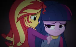 Size: 1229x768 | Tagged: safe, artist:bootsyslickmane, derpibooru import, sci-twi, sunset shimmer, twilight sparkle, equestria girls, friendship games, clothes, comforting, comforting twilight, crying, fanfic art, fanfic cover, pajamas