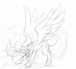 Size: 1280x1161 | Tagged: angry, arched back, artist:furfragged, badass, derpibooru import, glowing horn, gritted teeth, monochrome, princess celestia, rage, rage face, safe, solo, spread wings