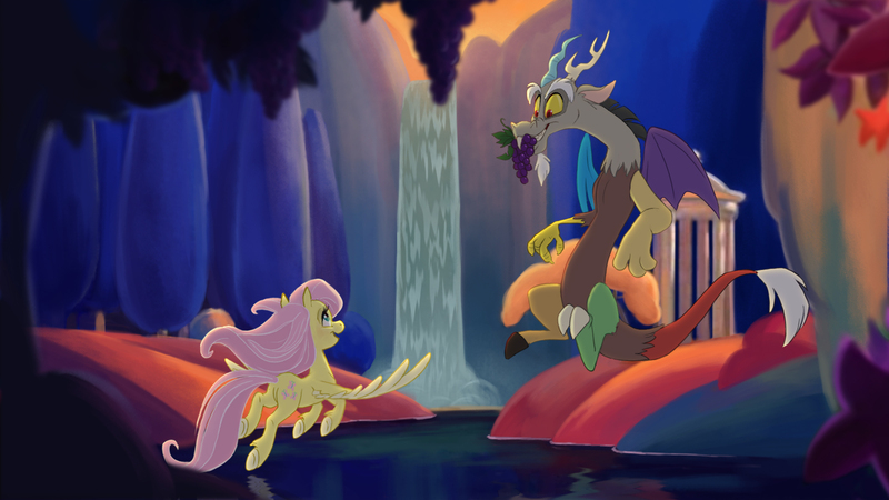 Size: 1920x1080 | Tagged: artist:lionheartcartoon, derpibooru import, discord, fantasia, fluttershy, flying, grapes, mouth hold, pastoral symphony, safe, scenery, unshorn fetlocks, waterfall