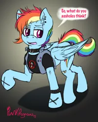 Size: 1000x1241 | Tagged: artist:punk-pegasus, bad religion, bandage, clothes, collar, derpibooru import, ear piercing, piercing, punk, rainbow dash, safe, solo, straight edge, vulgar