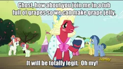 Size: 1280x720 | Tagged: suggestive, derpibooru import, edit, edited screencap, screencap, big macintosh, blues, cherry berry, noteworthy, rainberry, rainbow stars, sunshower raindrops, earth pony, pony, brotherhooves social, caption, crossdressing, image macro, male, meme, orchard blossom, stallion, the man they call ghost, this will end in cans.wav, true capitalist radio, tub guy