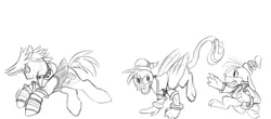 Size: 1750x768 | Tagged: safe, artist:crystalchan2d, derpibooru import, ponified, diamond dog, gryphon, crossover, diamond dogified, disney, donald duck, goofy, griffonized, kingdom hearts, monochrome, sora, species swap, style emulation