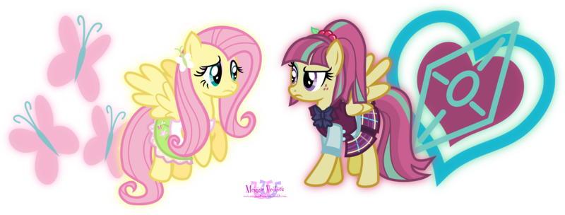 Size: 4775x1817 | Tagged: safe, artist:meganlovesangrybirds, derpibooru import, fluttershy, sour sweet, ponified, pony, equestria girls, friendship games, absurd resolution, bowtie, canterlot high, clothes, crystal prep academy, crystal prep academy uniform, crystal prep shadowbolts, cutie mark, equestria girls outfit, equestria girls ponified, floating, inkscape, logo, looking at each other, pleated skirt, school uniform, signature, simple background, skirt, transparent background, vector, versus, wondercolts