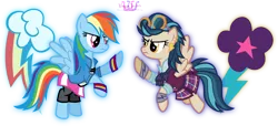 Size: 3957x1801 | Tagged: safe, artist:meganlovesangrybirds, derpibooru import, indigo zap, rainbow dash, ponified, equestria girls, friendship games, bowtie, canterlot high, clothes, crystal prep academy, crystal prep academy uniform, crystal prep shadowbolts, cutie mark, ear piercing, equestria girls outfit, equestria girls ponified, floating, goggles, inkscape, logo, looking at each other, piercing, pleated skirt, school uniform, signature, simple background, skirt, transparent background, vector, versus, wondercolts, wristband