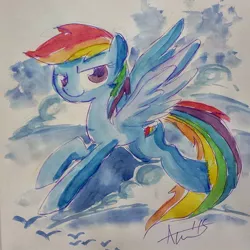 Size: 640x640 | Tagged: artist:agnesgarbowska, derpibooru import, flying, looking at you, rainbow dash, safe, sketch, solo, traditional art, watercolor painting