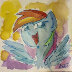 Size: 640x640 | Tagged: artist:agnesgarbowska, derpibooru import, open mouth, rainbow dash, safe, solo, traditional art, watercolor painting