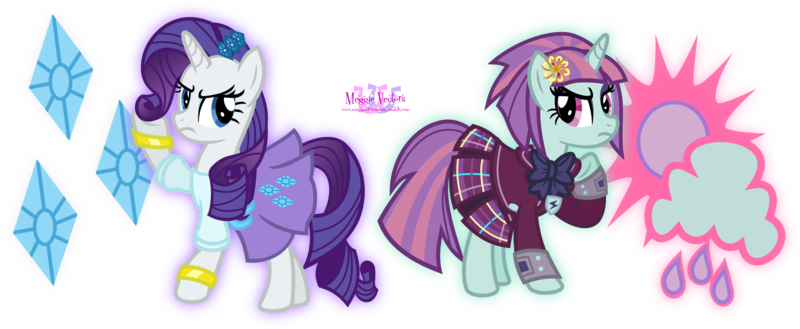 Size: 4298x1767 | Tagged: safe, artist:meganlovesangrybirds, derpibooru import, rarity, sunny flare, ponified, equestria girls, friendship games, absurd resolution, bowtie, canterlot high, clothes, crystal prep academy, crystal prep academy uniform, crystal prep shadowbolts, cutie mark, ear piercing, equestria girls outfit, equestria girls ponified, glasses, inkscape, logo, looking at each other, looking back, piercing, pleated skirt, school uniform, signature, simple background, skirt, transparent background, vector, versus, wondercolts, wristband