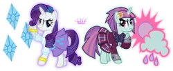 Size: 4298x1767 | Tagged: safe, artist:meganlovesangrybirds, derpibooru import, rarity, sunny flare, ponified, equestria girls, friendship games, absurd resolution, bowtie, canterlot high, clothes, crystal prep academy, crystal prep academy uniform, crystal prep shadowbolts, cutie mark, ear piercing, equestria girls outfit, equestria girls ponified, glasses, inkscape, logo, looking at each other, looking back, piercing, pleated skirt, school uniform, signature, simple background, skirt, transparent background, vector, versus, wondercolts, wristband