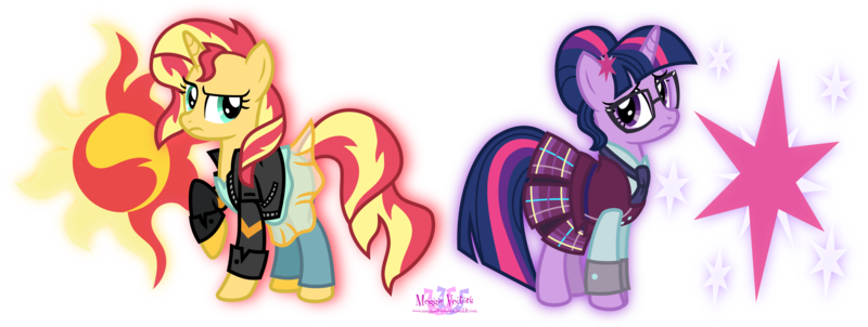 Size: 4883x1842 | Tagged: safe, artist:meganlovesangrybirds, derpibooru import, sci-twi, sunset shimmer, twilight sparkle, ponified, pony, unicorn, equestria girls, friendship games, absurd resolution, clothes, crystal prep academy, crystal prep academy uniform, crystal prep shadowbolts, cutie mark, ear piercing, equestria girls outfit, equestria girls ponified, glasses, inkscape, leather jacket, logo, looking at each other, looking back, piercing, pleated skirt, raised hoof, school uniform, signature, simple background, skirt, transparent background, unicorn sci-twi, vector, versus