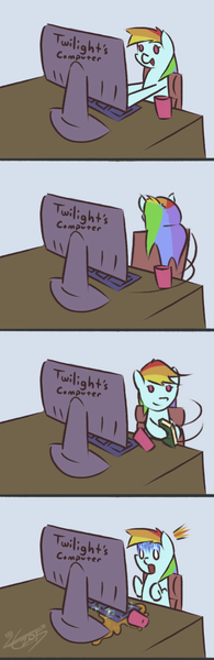 Size: 381x1174 | Tagged: accident, artist:liracrown, book, clumsy, comic, computer, derpibooru import, drink, fail, now you fucked up, oops, rainbow dash, rainbow dumb, safe, shocked