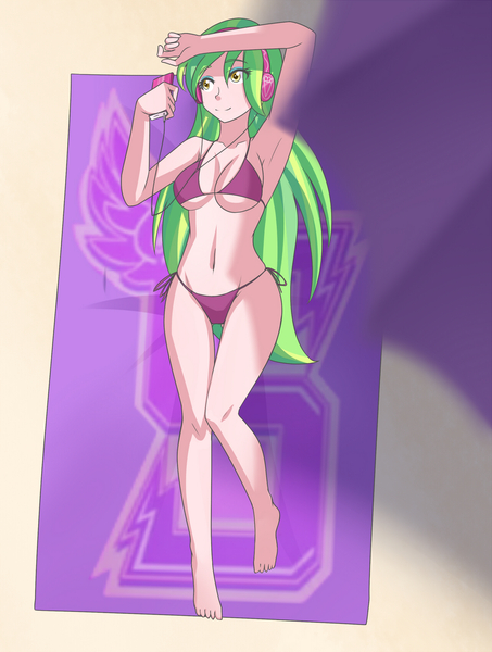 Size: 1280x1697 | Tagged: suggestive, artist:jonfawkes, derpibooru import, lemon zest, equestria girls, friendship games, armpits, barefoot, beach, bikini, bra, breasts, busty lemon zest, cleavage, clothes, commission, crystal prep academy, crystal prep shadowbolts, feet, female, headphones, ipod, listening, long hair, music, nudity, patreon, purple underwear, sexy, solo, solo female, swimsuit, underwear