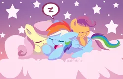 Size: 1280x828 | Tagged: safe, artist:abbystarling, deleted from derpibooru, derpibooru import, fluttershy, rainbow dash, scootaloo, pegasus, pony, cloud, on a cloud, scootalove, sleeping, stars, trio, z